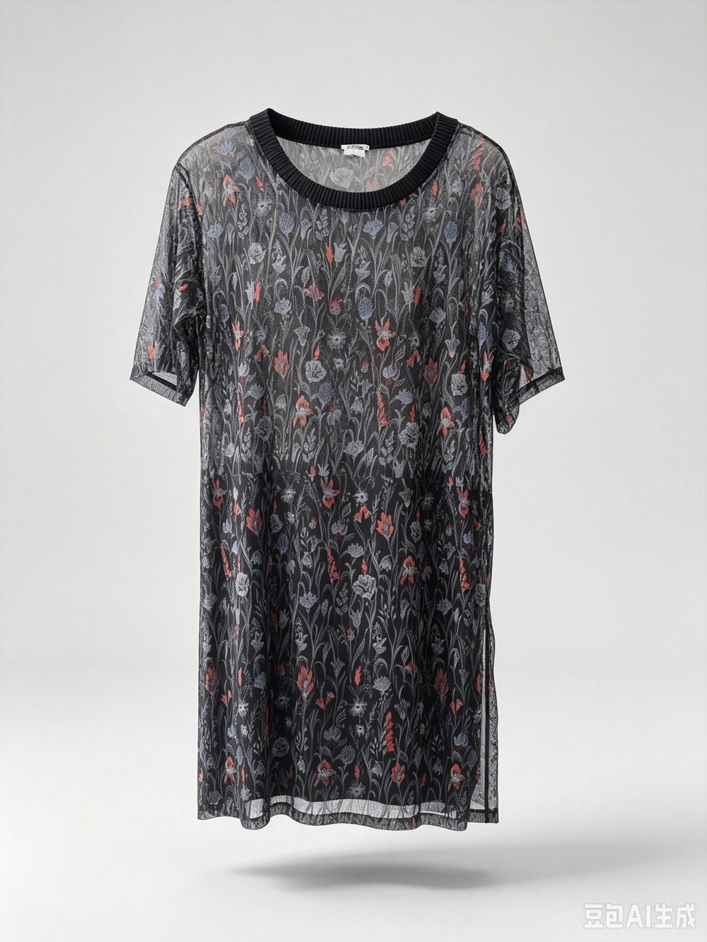 Wolfrod Sheer Floral Short-Sleeve Top in Black with Red Accents